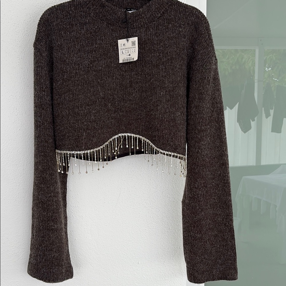 Elegant Brown Sweater with Beaded Hem